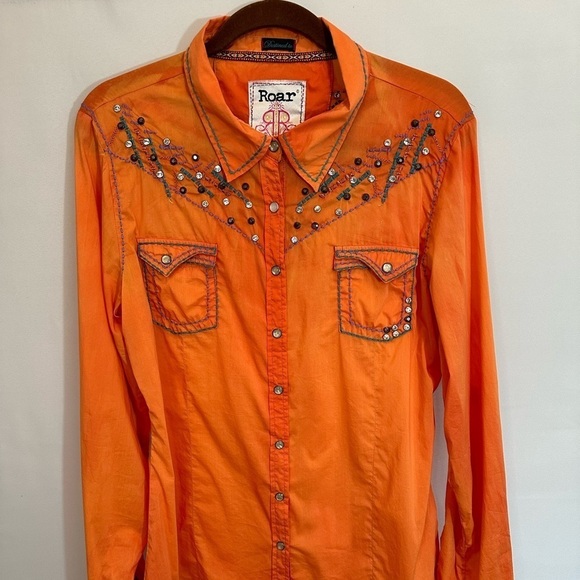 Destined To ROAR Button Up Shirt Rhinestone Pearl Snap Button XL Western Cowgirl - Picture 7 of 16